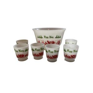 1950s Hazel Atlas Milk Glass Christmas Egg Nog Punch Bowl Set with 6 Cups